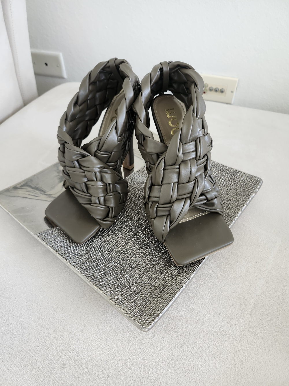 EGO Braided Square-Toe High Heel Sandals - Olive Green
